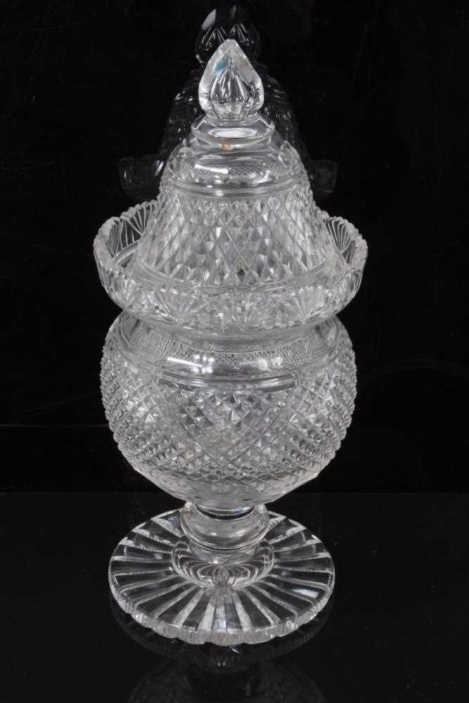 A large 19th century cut glass covered vase/bonbonniere, diamond and facet cut, the rim with fan-sha