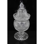 A large 19th century cut glass covered vase/bonbonniere, diamond and facet cut, the rim with fan-sha