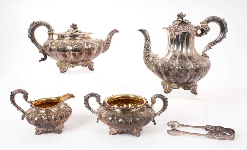 A Victorian silver tea and coffee service and sugar tongs