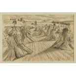 *Dame Laura Knight (1877-1970) pencil sketch - landscape with hay stooks, signed with initials, 25.5