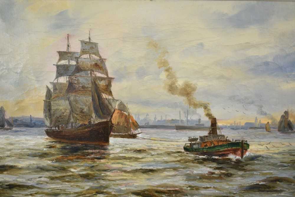 English School, circa 1880, pair of oils on canvas - a tug pulling a two masted vessel and other shi - Image 7 of 8