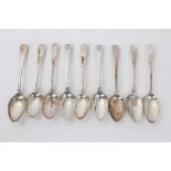 Collection of nine Georgian and later silver Old English pattern dessert spoons,