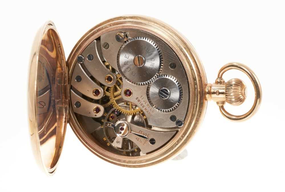 1950s Gentlemen's Buren 9ct gold open face pocket watch with white enamel dial, Roman numerial hour - Image 3 of 3