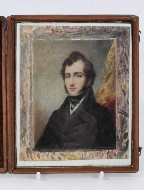 English School, circa 1830, portrait miniature on ivory depicting a young gentleman in black jacket - Image 2 of 9