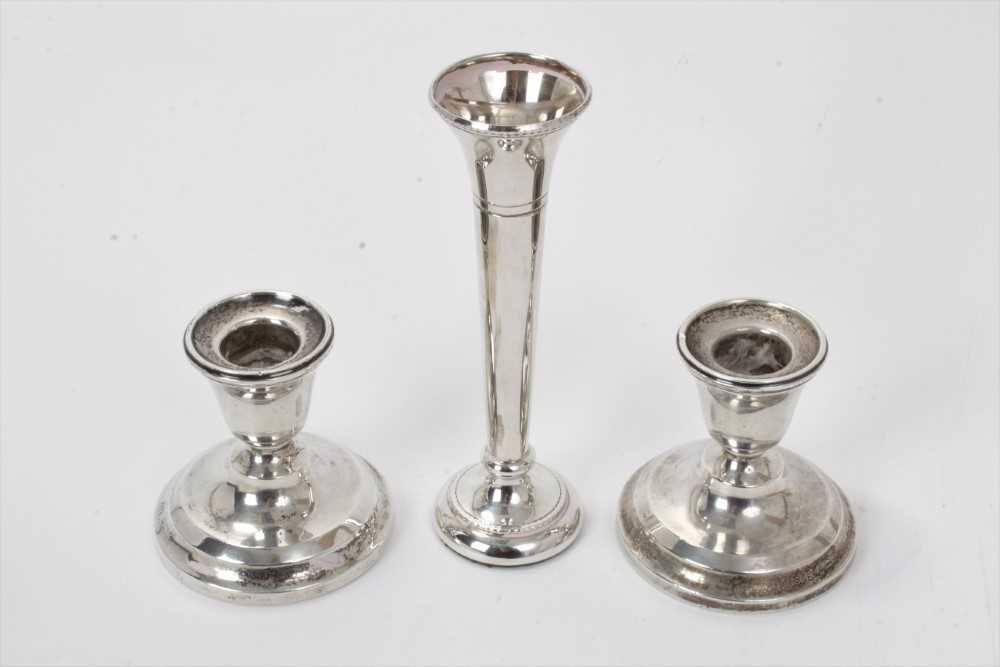 Pair of silver pin dishes, another pin dish in box, a spill vase and pair of silver candlesticks - Image 4 of 4