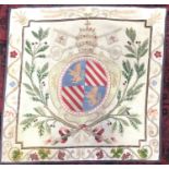 Tapestry with petit point embroided armorial papal crest within a laurel wreath and foliate border
