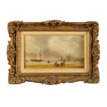 19th century Continental School oil on panel - View of a coastal city with sailors unloading barrels