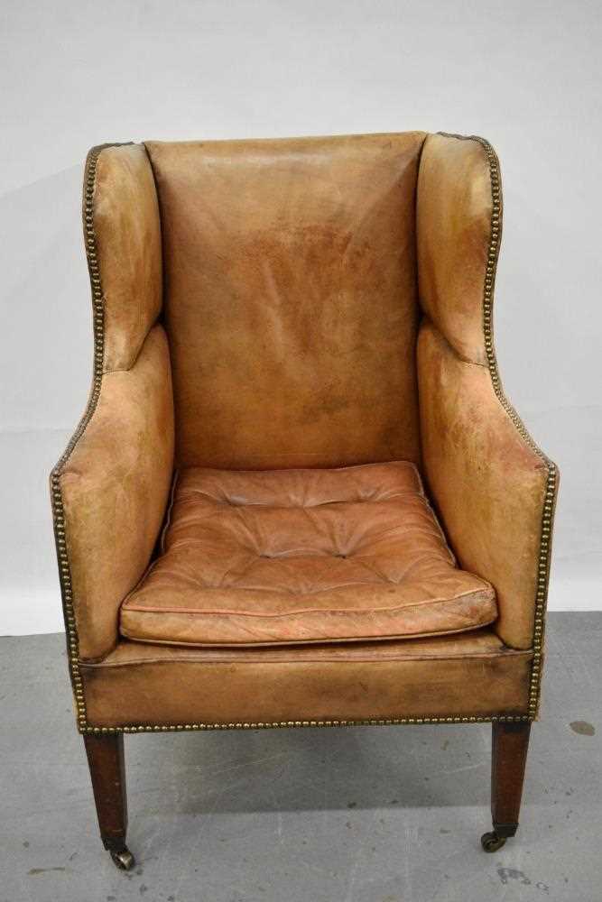 19th century leather upholstered wing armchair - Image 2 of 14