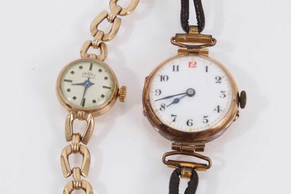 Early 20th century Ladies 9ct gold cased wristwatch with white enamel with Arabic numerials, (Birmin - Image 2 of 3