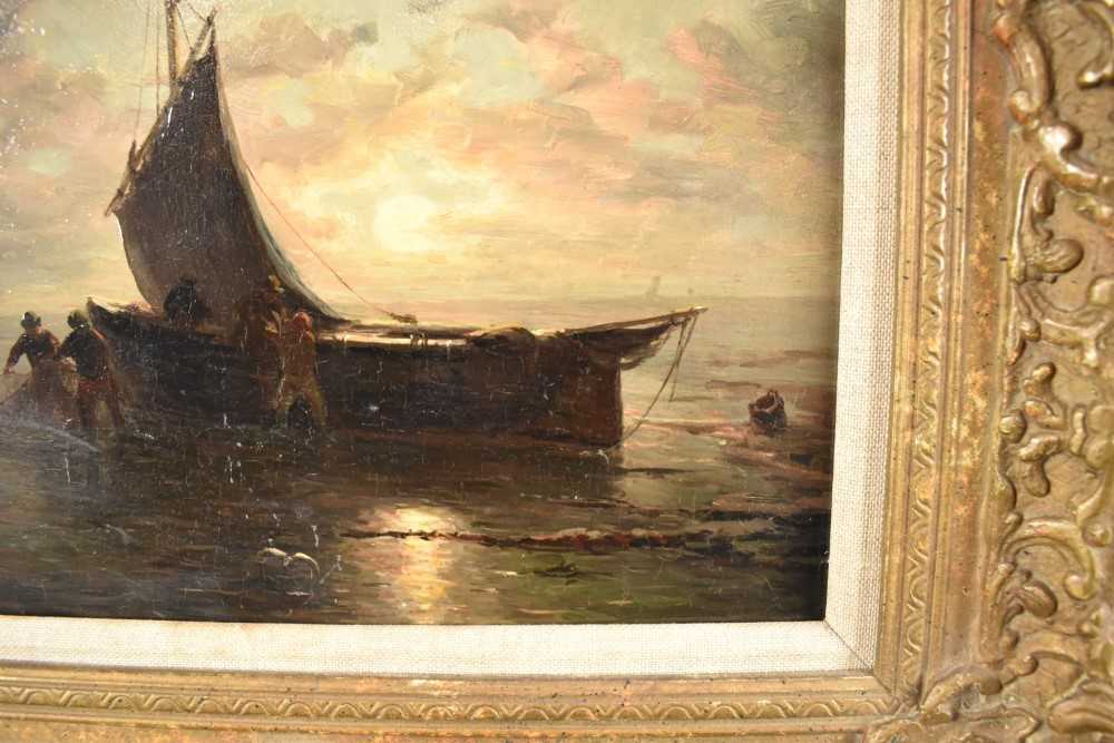 Attributed to John Moore of Ipswich (1820-1902) oil on panel - Unloading the catch by Moonlight, app - Image 3 of 8