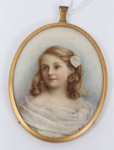 Early 20th century portrait miniature on ivory of a young girl, signed A.C.