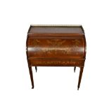 Edwardian mahogany and marquetry inlaid cylinder bureau