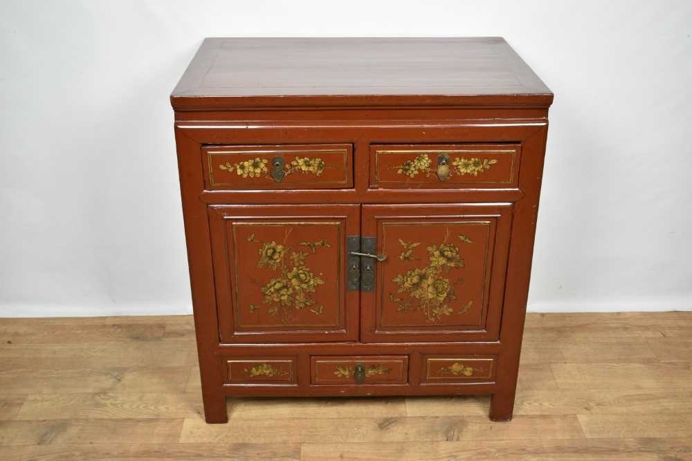 Chinese lacquered cabinet, with projecting top and side drawer, with two short drawers and cupboard - Image 2 of 10