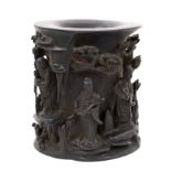 Finely carved Chinese hardwood brush pot, 18th/19th century, carved in high relief with immortals an