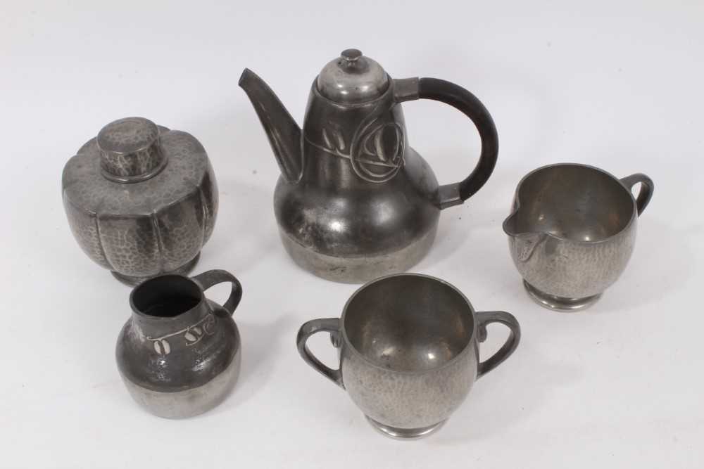 Tudric pewter teapot and ensuite cream jug, by Archibald Knox, other pewter