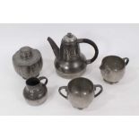 Tudric pewter teapot and ensuite cream jug, by Archibald Knox, other pewter