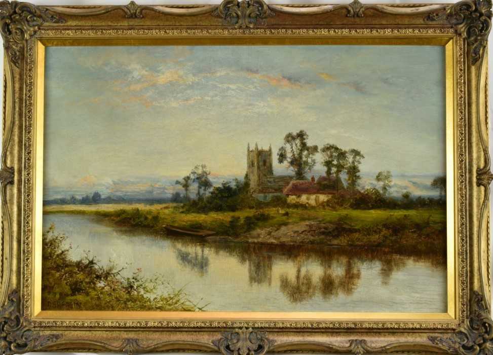 Daniel Sherrin (1868-1940) oil on canvas - River Landscape with a Church, signed, 51cm x 76cm, in gi