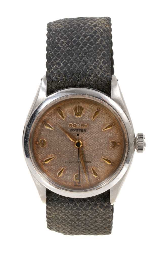 1950s Gentlemen's Rolex Oyster wristwatch with champagne dial, gold coloured hour markers and hands