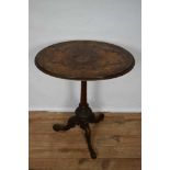 Victorian burr walnut occasional table, oval crossbanded top on spiral twist column and tripod base,