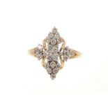 Diamond cluster ring with a marquise shape cluster of brilliant cut diamonds in claw setting on 18ct