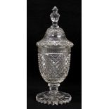 A 19th century cut glass covered urn/bonbonniere, with diamond pattern and star-cut base, 33.5cm hig