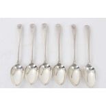 Set of six George III silver Old English pattern dessert spoons, with armorial crests