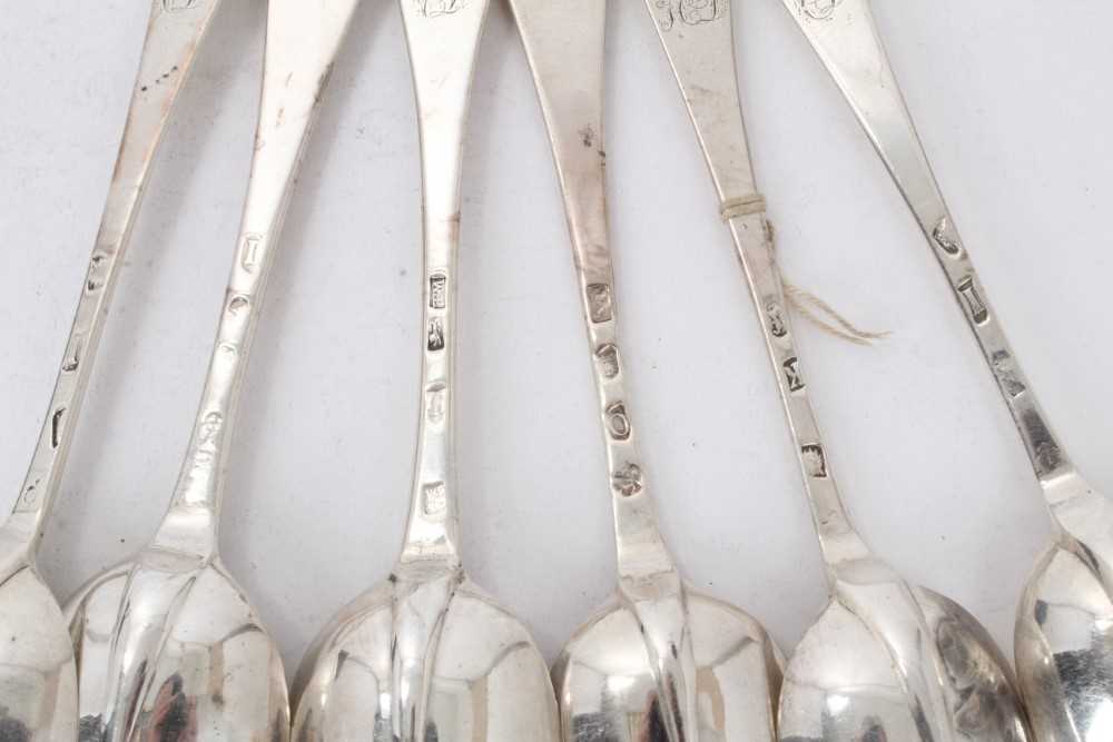 Six Georgian silver Hanoverian Rattail table spoons, four with engraved initials - Image 3 of 3