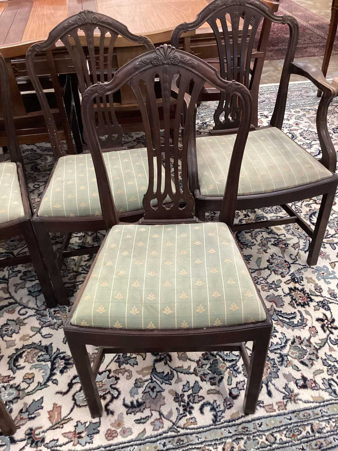 Set of six Hepplewhite style mahogany dining chairs, each with arched pierced splat back and slip in - Image 2 of 9