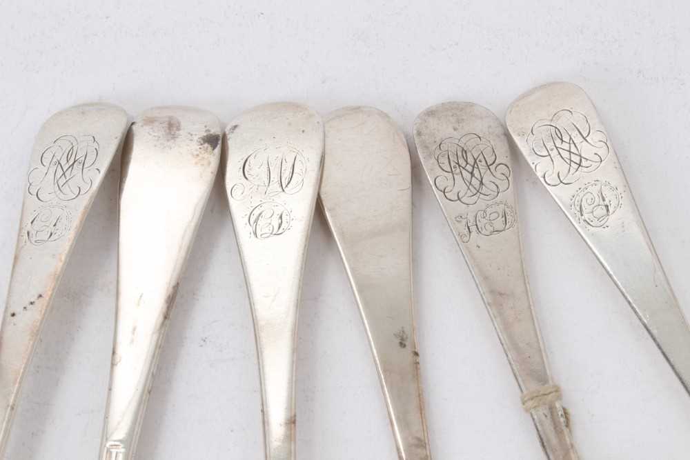 Six Georgian silver Hanoverian Rattail table spoons, four with engraved initials - Image 2 of 3