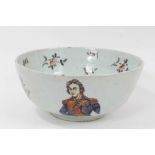 Unusual polychrome Delft ware bowl, commemorating Nelson, with ship and floral decoration, 29cm diam