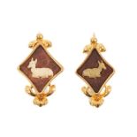 Pair 19th century gold and carved horn cameo earrings
