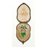 Late Victorian gold and enamel heart shaped pendant brooch by Child & Child, in original fitted leat