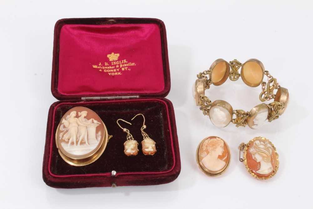 Group of cameo jewellery to include three gold mounted brooches, earrings and an antique cameo brace