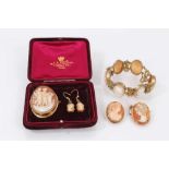 Group of cameo jewellery to include three gold mounted brooches, earrings and an antique cameo brace