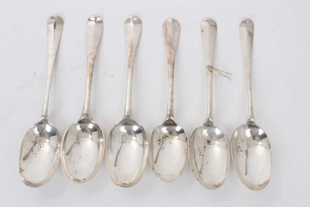 Six Georgian silver Hanoverian Rattail table spoons, four with engraved initials