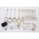 Selection of Georgian and later silver flatware, salt, etc