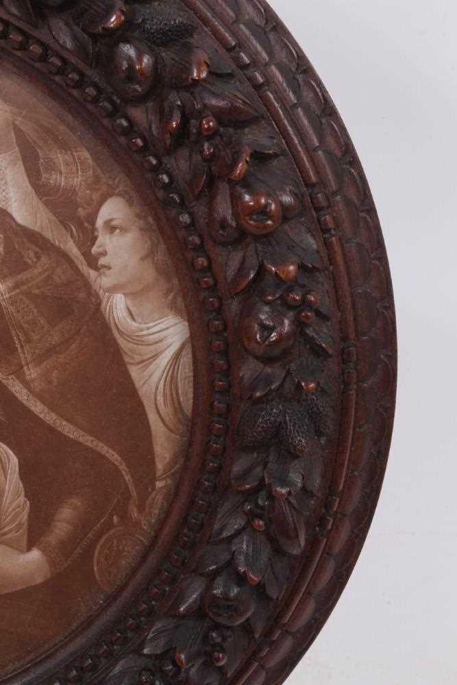 Finely carved 19th century walnut circular frame, carved with fruiting wreath in lambrequin and bead - Image 5 of 8