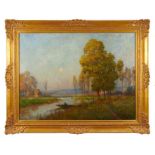 Owen Baxter Morgan (act.1905-1932) oil on canvas - Punt on the River at Dusk, signed, 65cm x 85cm, i