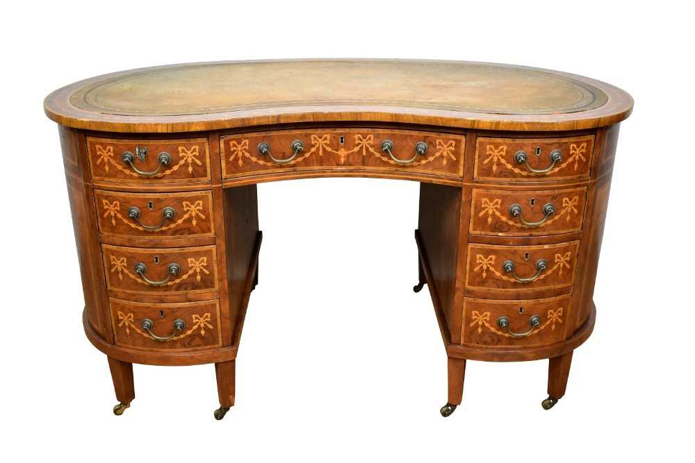 Edwardian style mahogany and marquetry inlaid kidney shaped desk