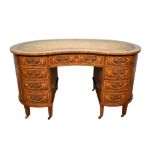 Edwardian style mahogany and marquetry inlaid kidney shaped desk