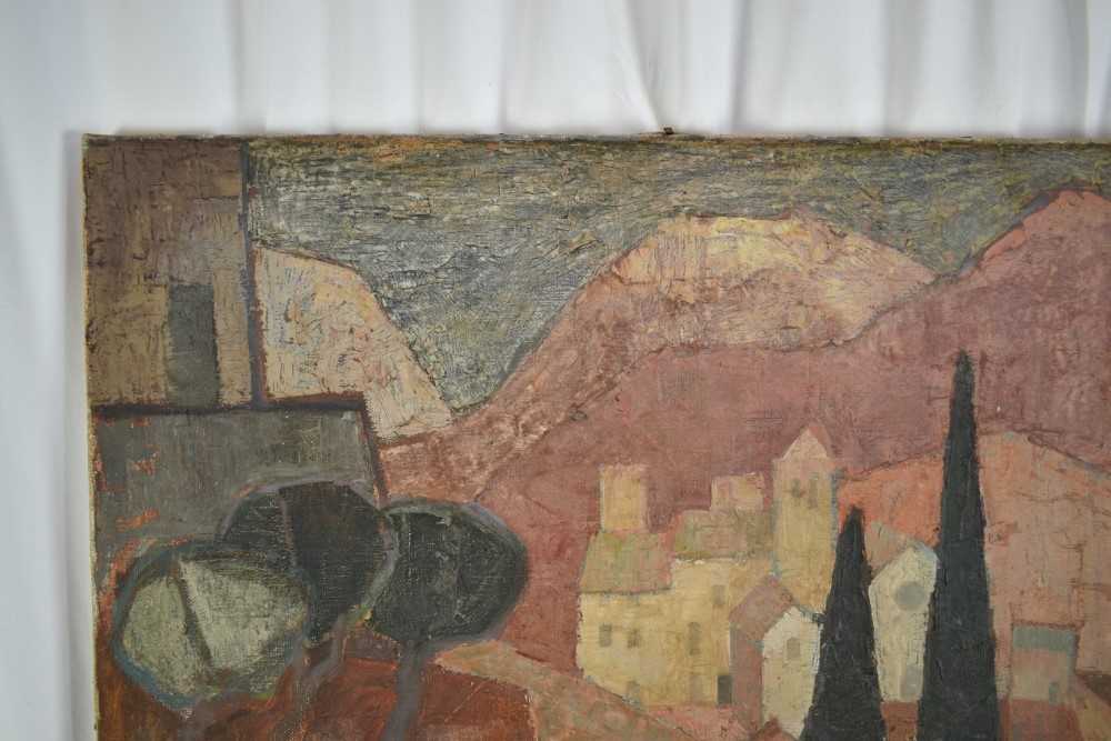 Mid 20th century, oil on canvas, Mediterranean Town, signed with initials M.K., 76cm x 63cm, unframe - Image 8 of 9