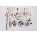 Selection of miscellaneous silver and white metal, including tea strainer, Indian silver dish and ot
