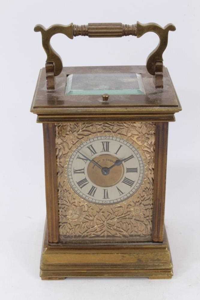 Late 19th century French brass carriage clock with pierced front plate, repeat mechanism