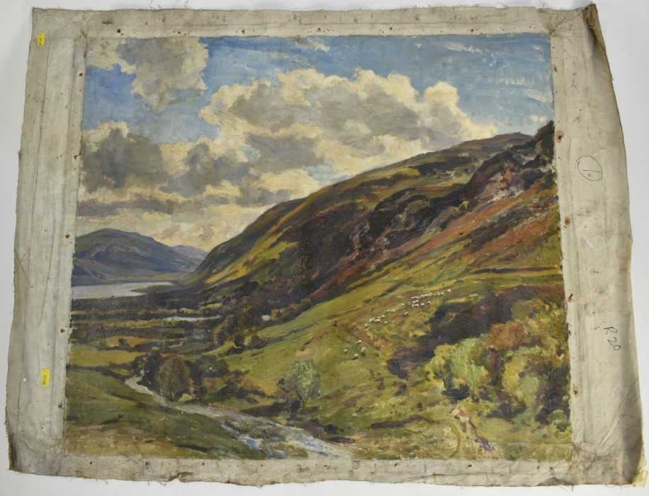 Manner of Herbert Hughes Stanton (1870-1937) oil on canvas (unstretched), extensive landscape, 66cm - Image 2 of 8