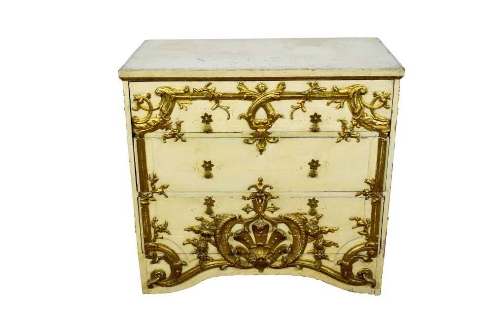 Antique Continental cream and gilt painted and carved three drawer chest