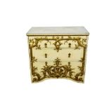 Antique Continental cream and gilt painted and carved three drawer chest