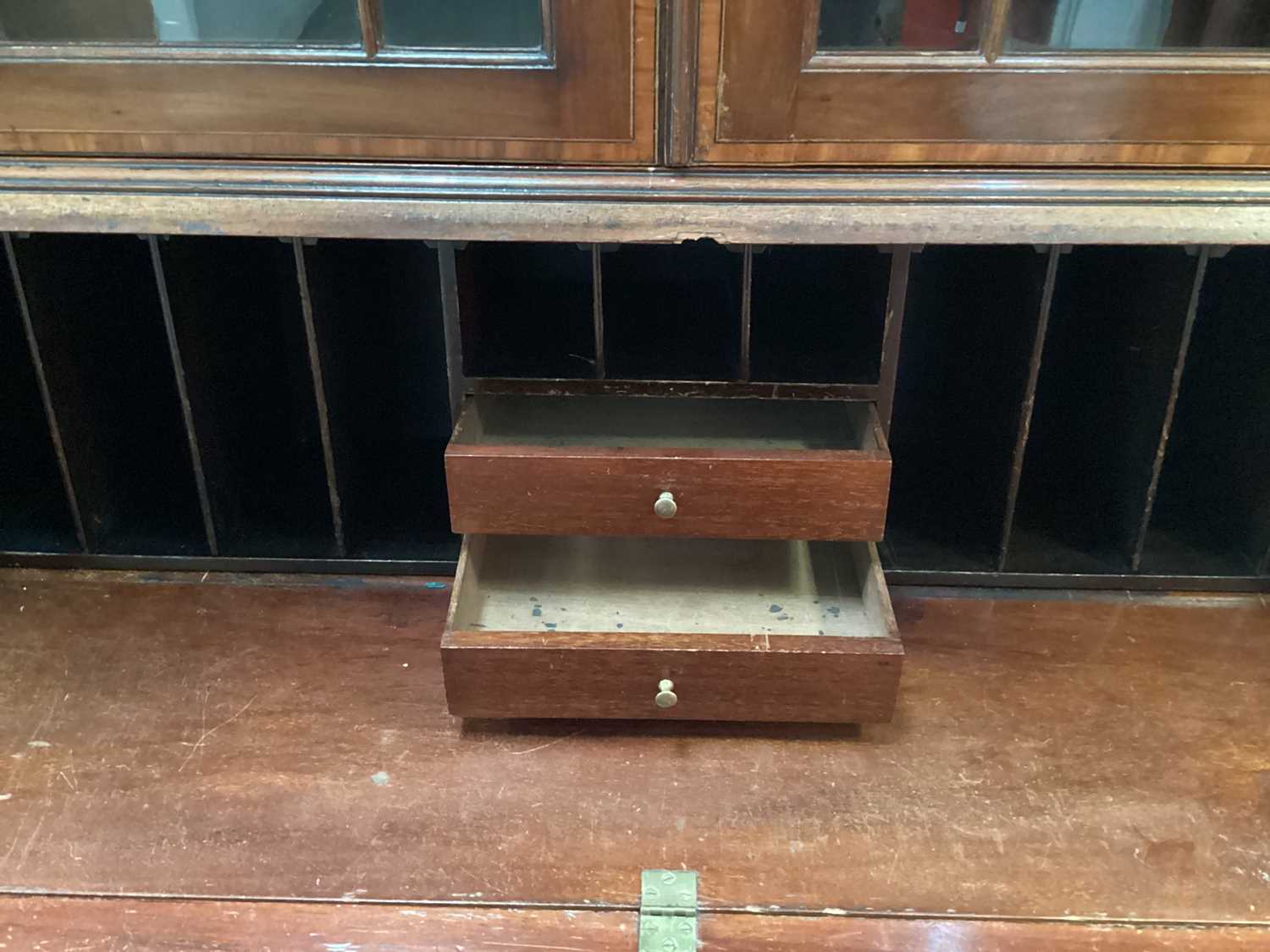 Edwardian mahogany and satinwood inlaid bureau bookcase - Image 10 of 13