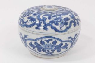 A Chinese blue and white porcelain pot and cover, Kangxi period, decorated with foliate patterns