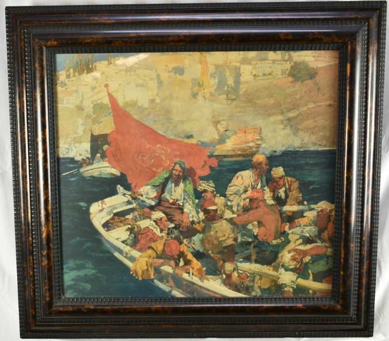 After Sir Frank Brangwyn (1867-1956), a Medici coloured print, 'The Buccaneers', in faux tortoiseshe