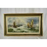 English School, circa 1880, pair of oils on canvas - a tug pulling a two masted vessel and other shi